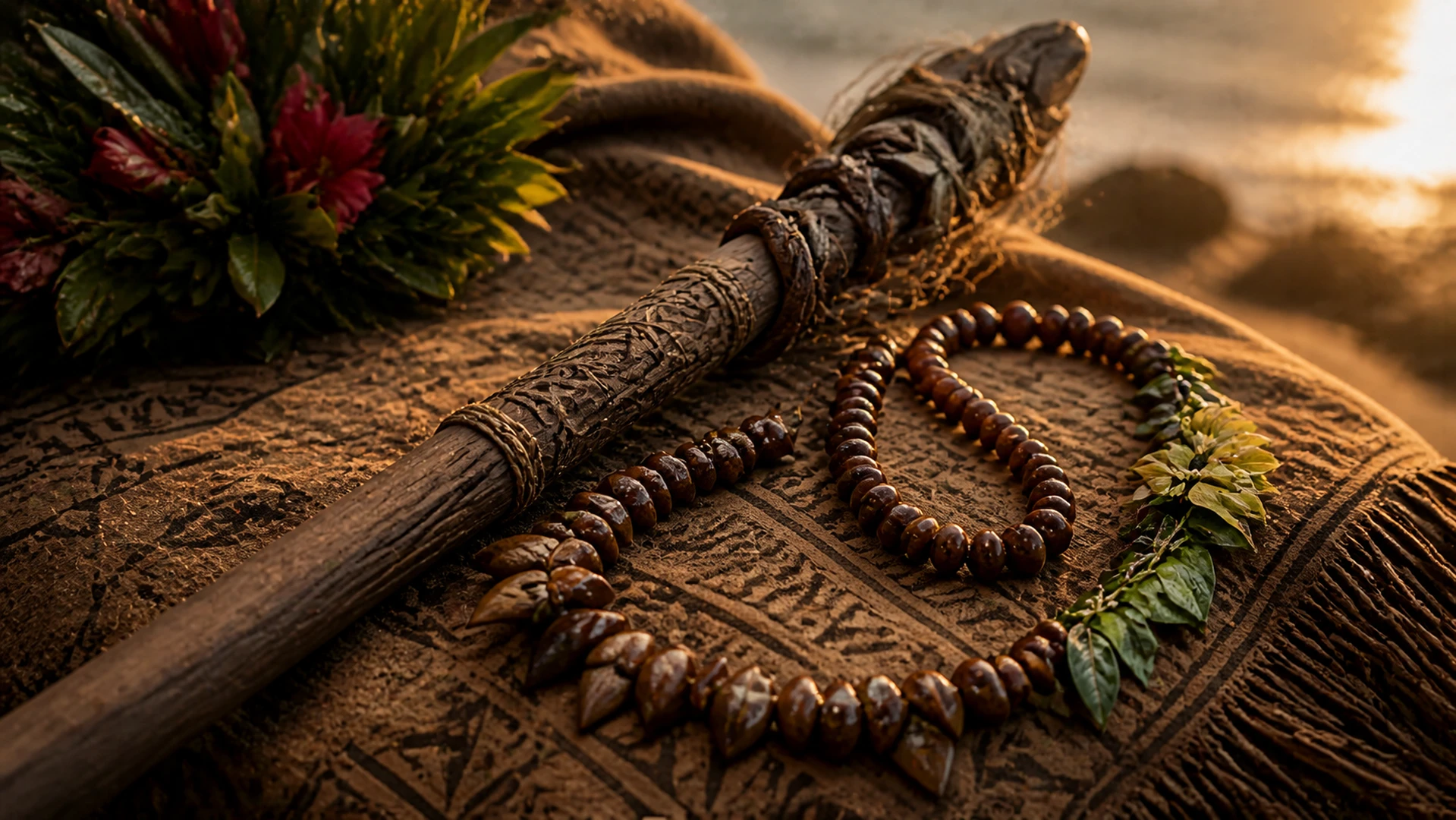 ʻAukai accessories including lei, necklaces, bracelets, and acoustic guitar.