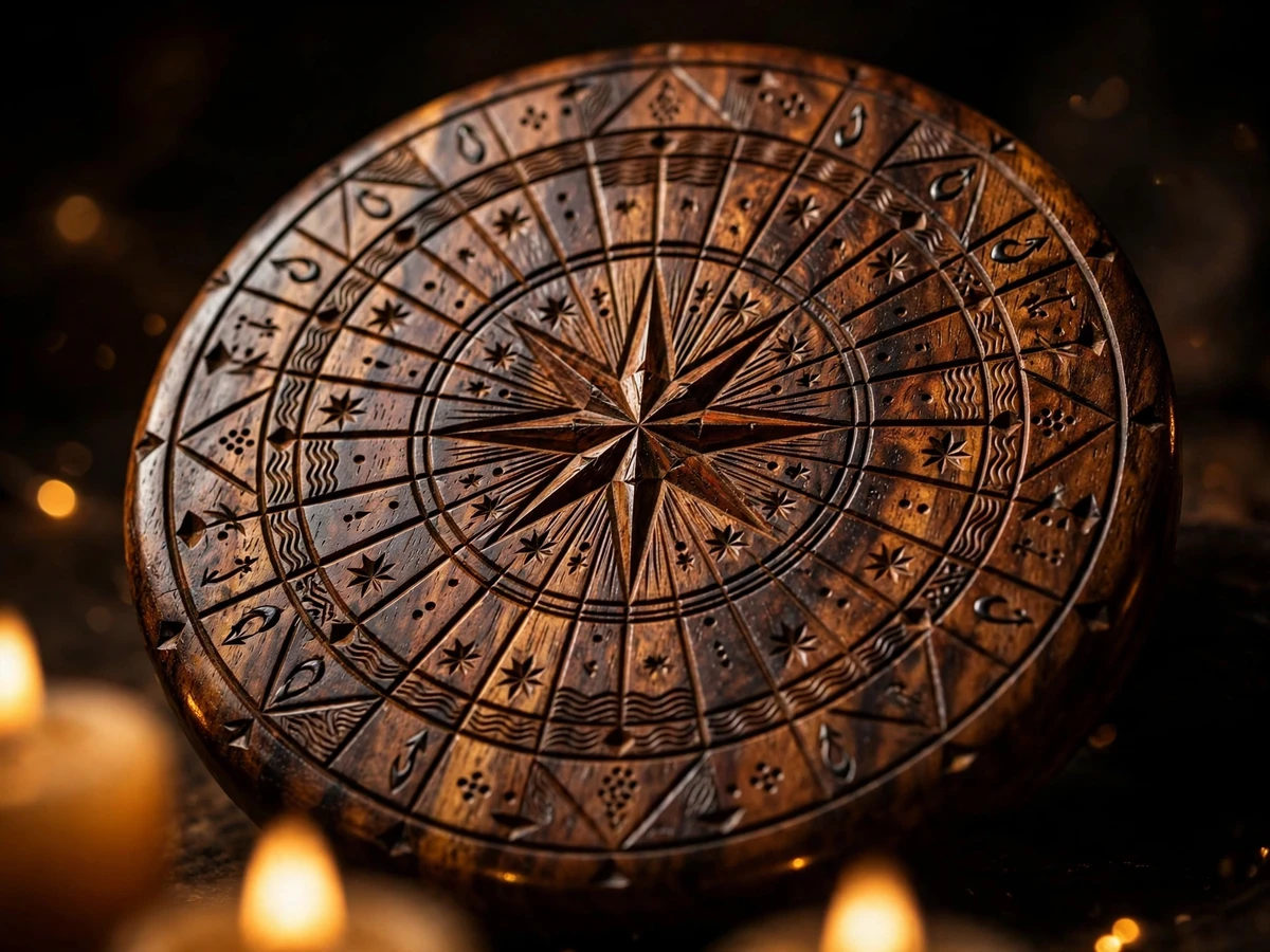 Traditional Hawaiian star compass carved in dark koa wood, warm candlelight revealing the star patterns