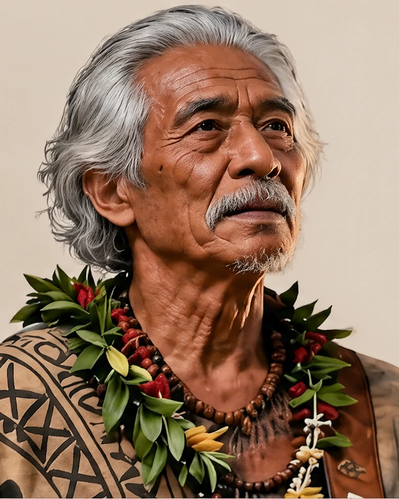 Close portrait of ʻAukai with silver hair, lei, and patterned traditional garment.