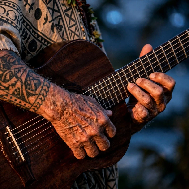 Close-up of weathered hands forming intricate chords on a rhythm guitar fretboard, warm blue-hour light