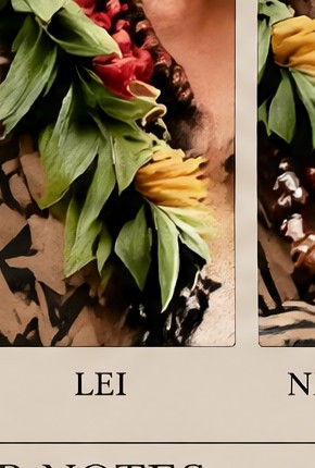 ʻAukai lei detail with green leaves and red flowers.