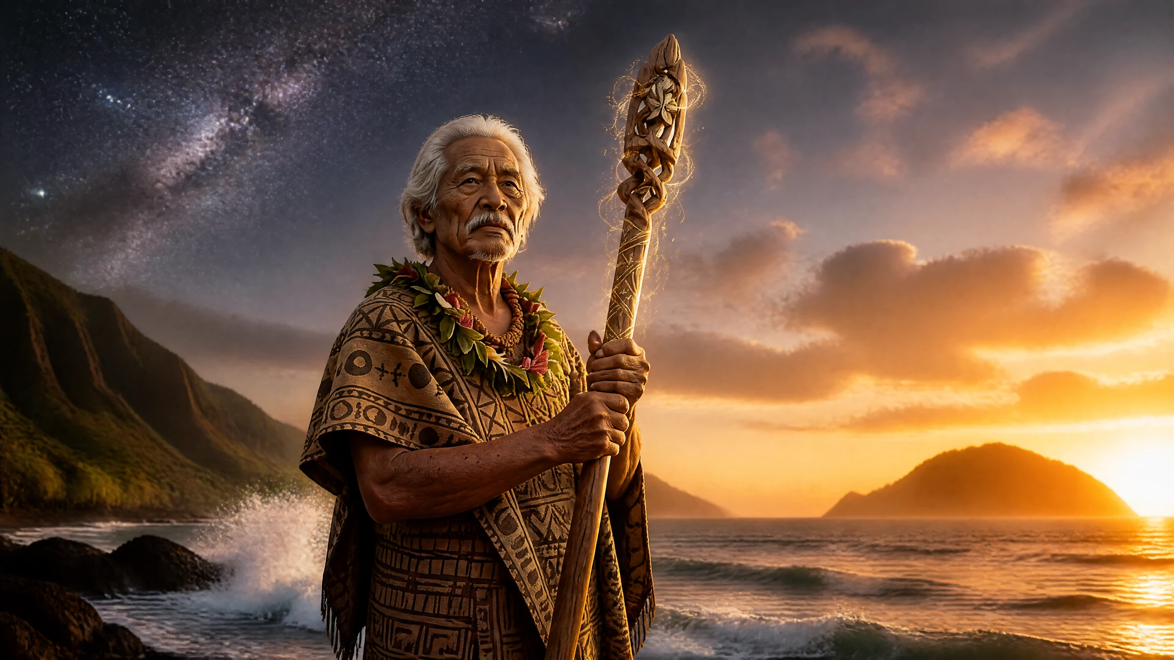 ʻAukai holding a carved staff near the shoreline at sunset.