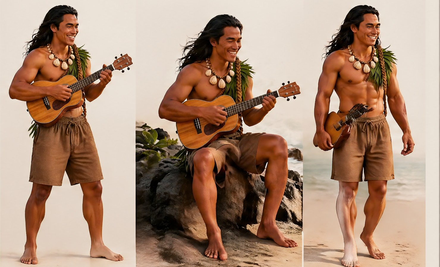 Kaimana in performance poses with ʻukulele near the shoreline.