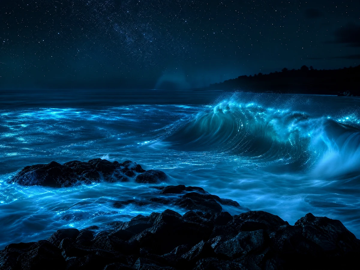Bioluminescent waves breaking at night, deep teal and silver