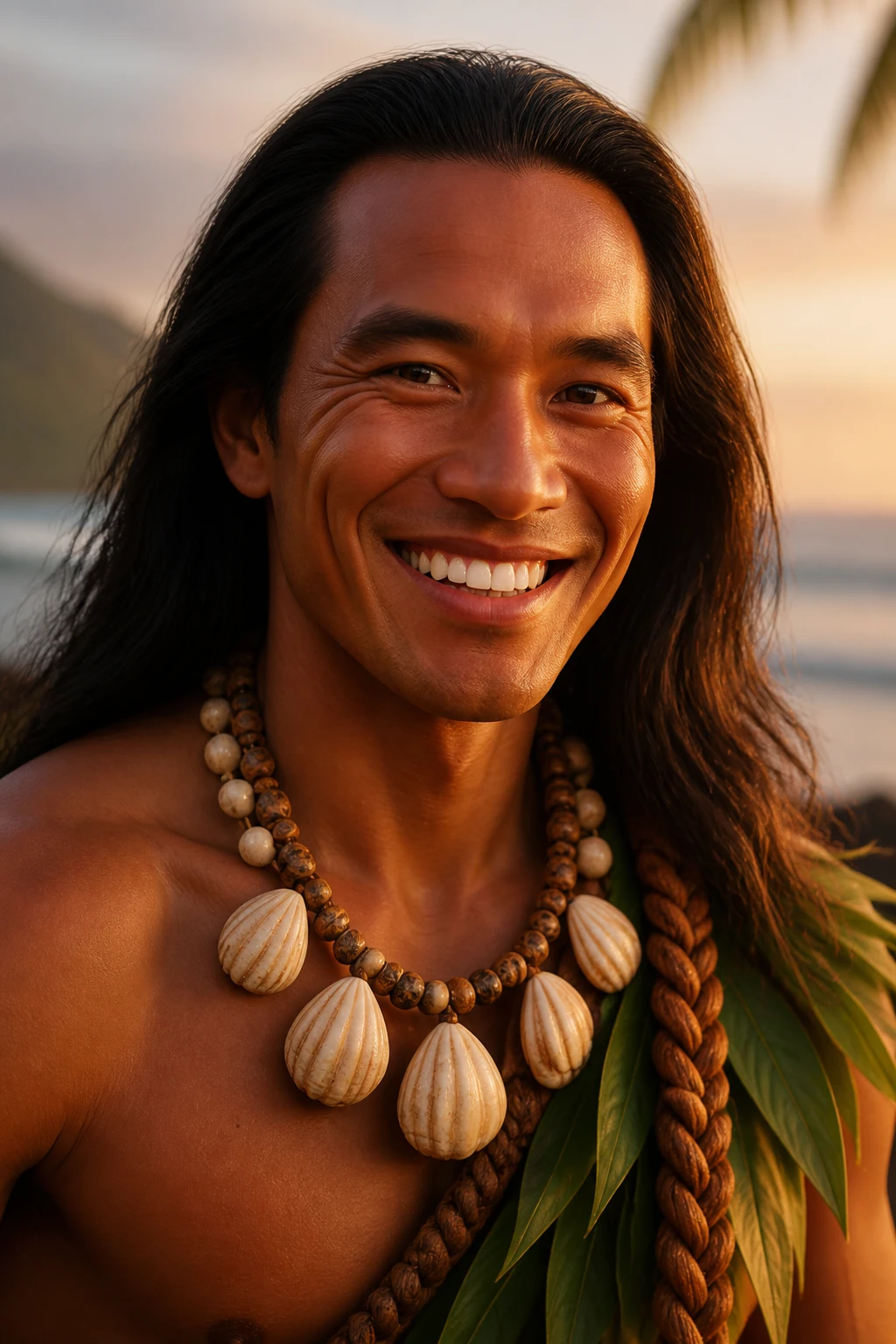 Close portrait of Kaimana smiling with shell necklace and leaf drape.
