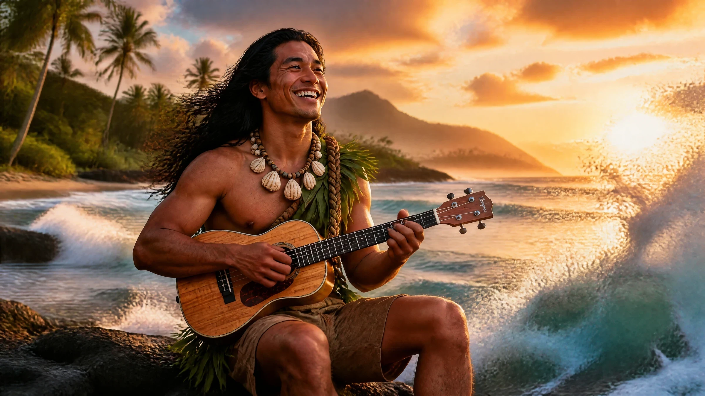 Kaimana at the water's edge at sunset, ukulele in hand