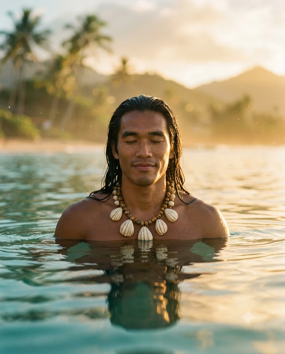 Kaimana waist-deep in calm ocean water at golden hour, eyes closed, smiling peacefully
