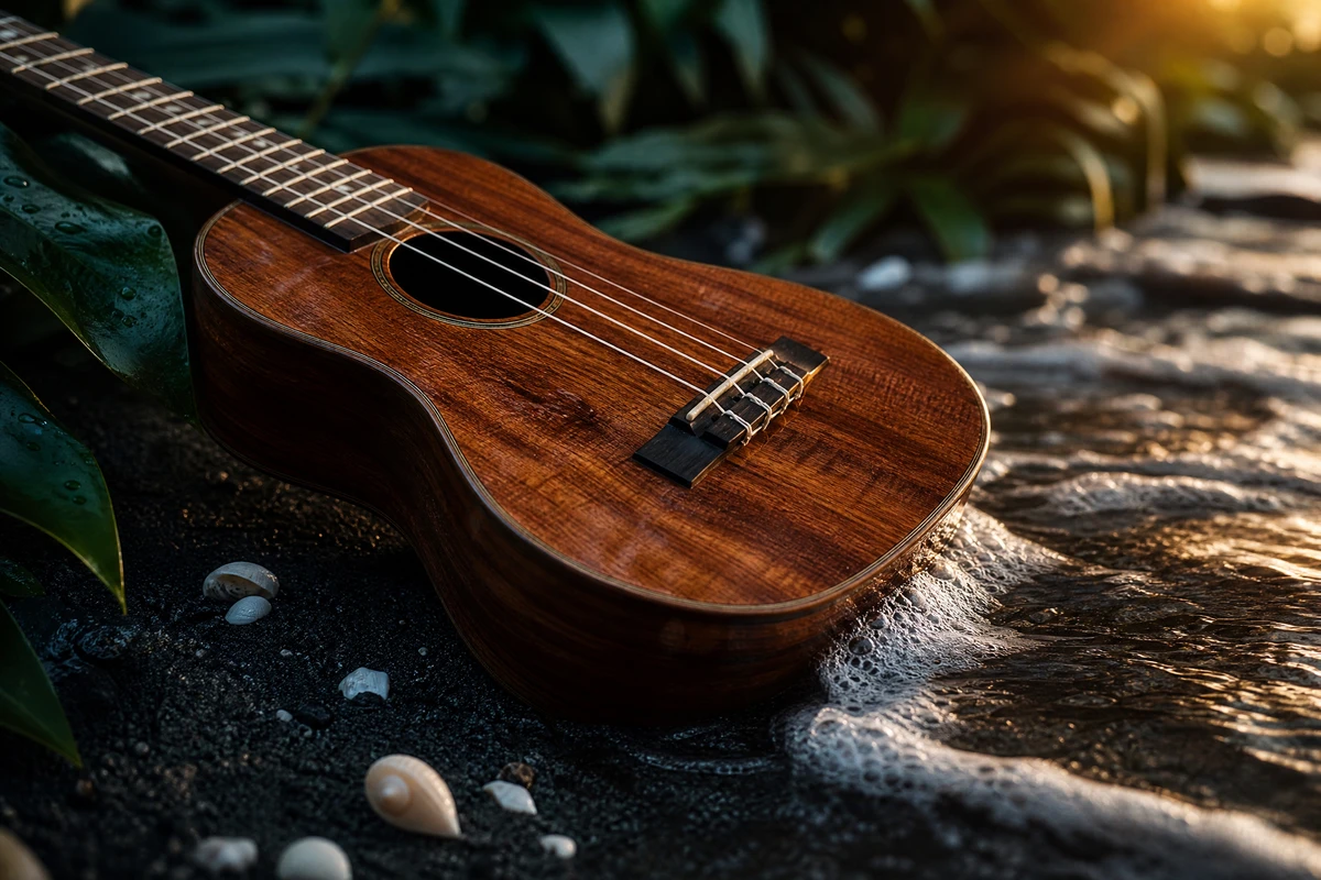Koa wood ukulele resting on wet black sand with ocean foam and scattered shells