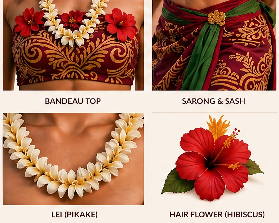 Lehua costume details including bandeau, sarong, sash, lei, and flower.