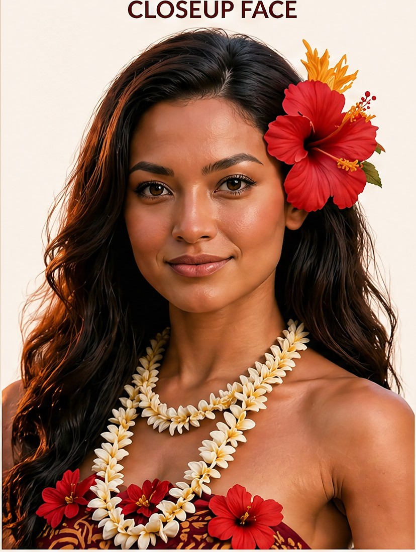 Close portrait of Lehua with red hibiscus blossoms and pikake lei.