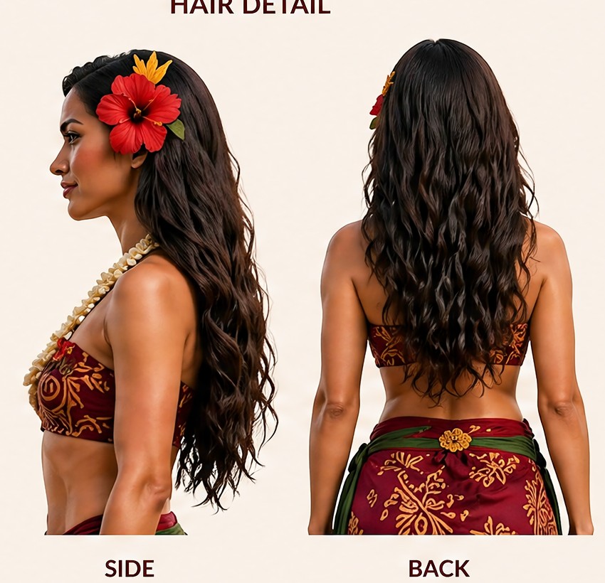 Lehua hair detail with red hibiscus and long dark waves.