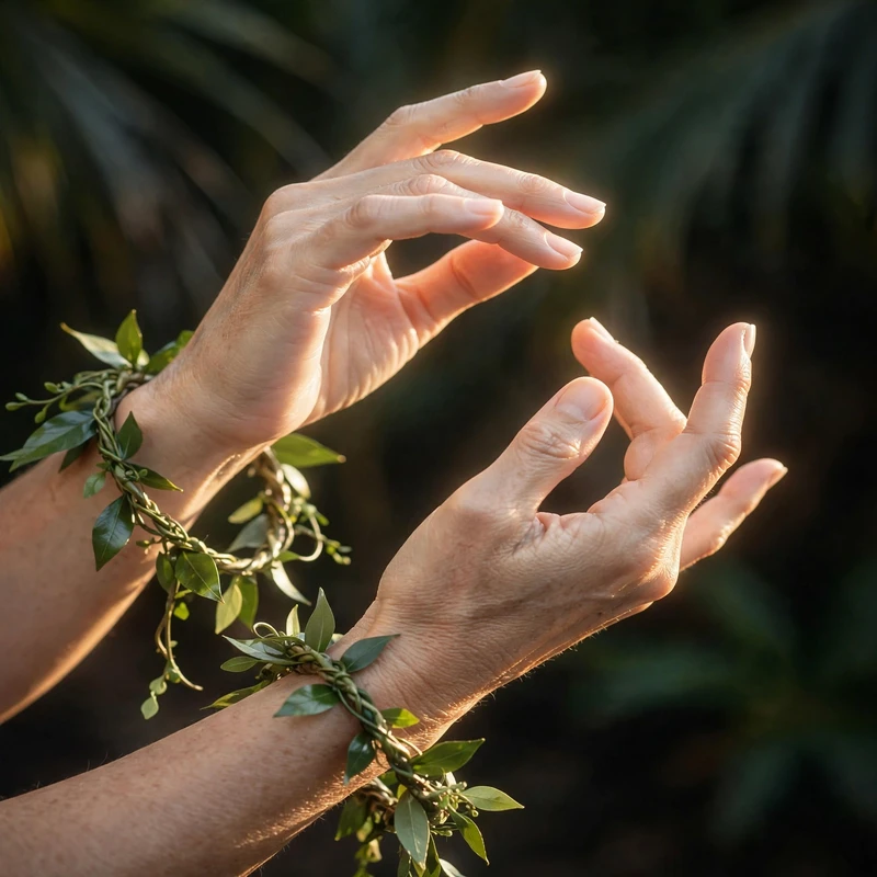 Close-up of a Hawaiian woman's hands gracefully mid-gesture, wearing a delicate maile lei, soft natural light