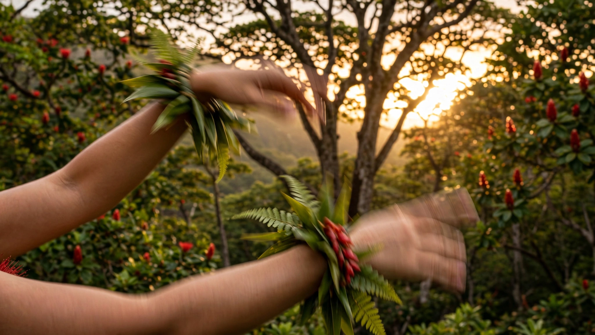 Hula dancer's hands in motion blur against a backdrop of ʻōhiʻa lehua trees at sunset, ethereal movement trails