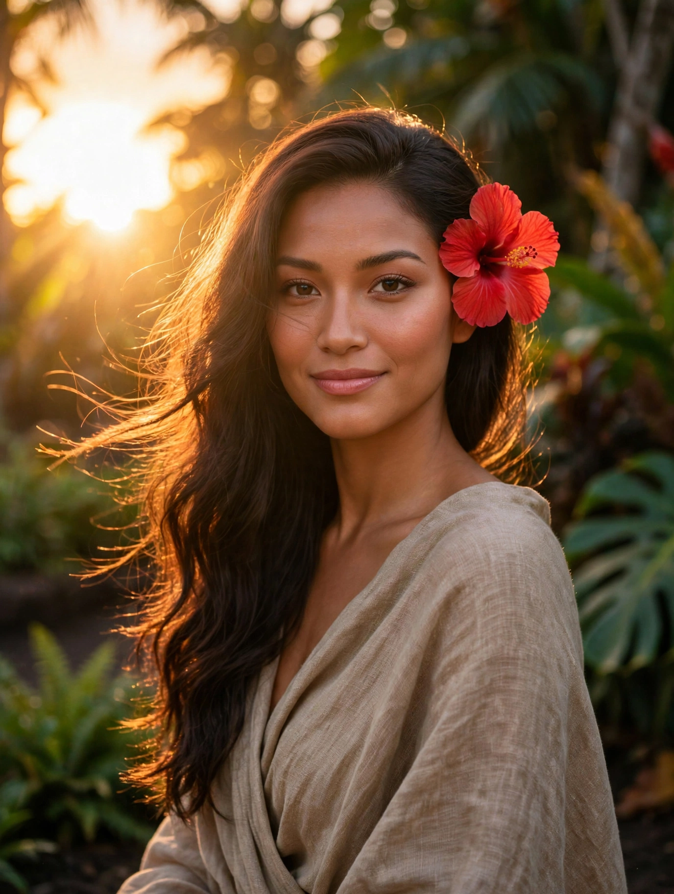Lehua at golden hour, backlit by warm sun, hair flower visible, serene expression, wearing flowing natural fabric