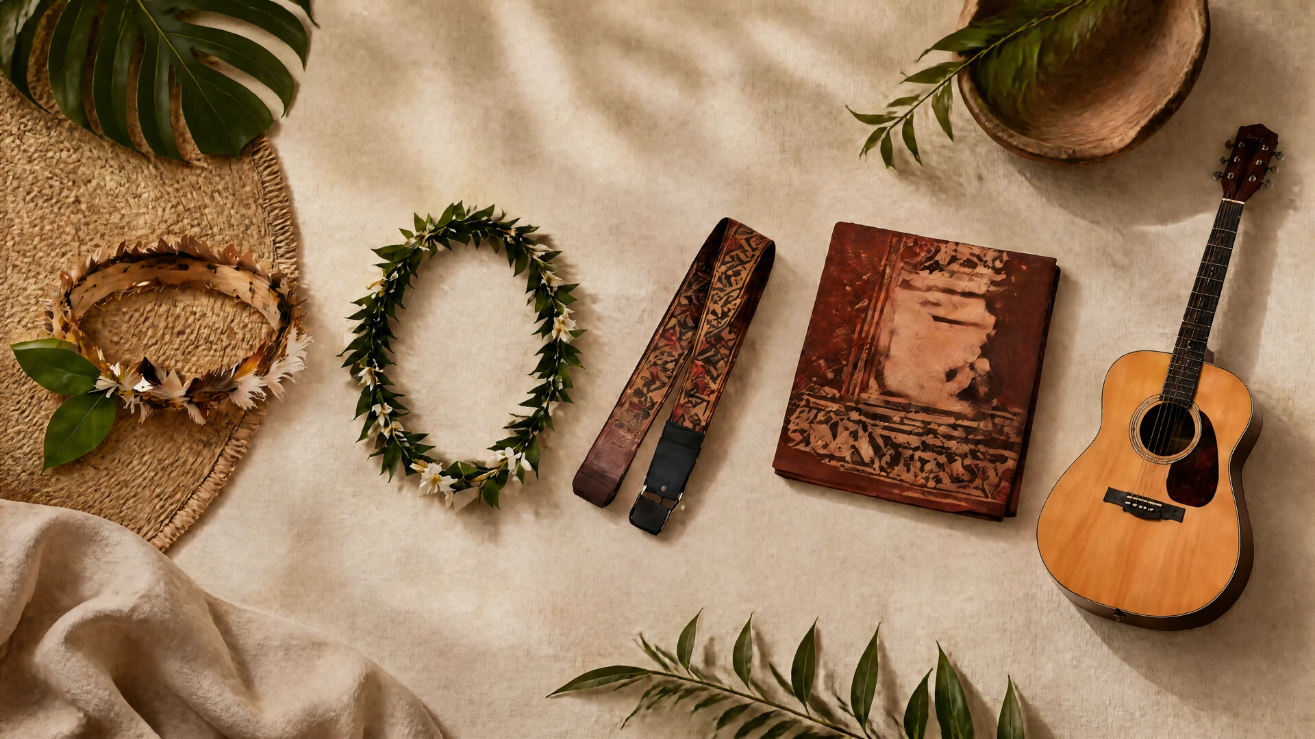 Makani clothing and accessories including feather lei, maile lei, guitar strap, pareo, and acoustic guitar.