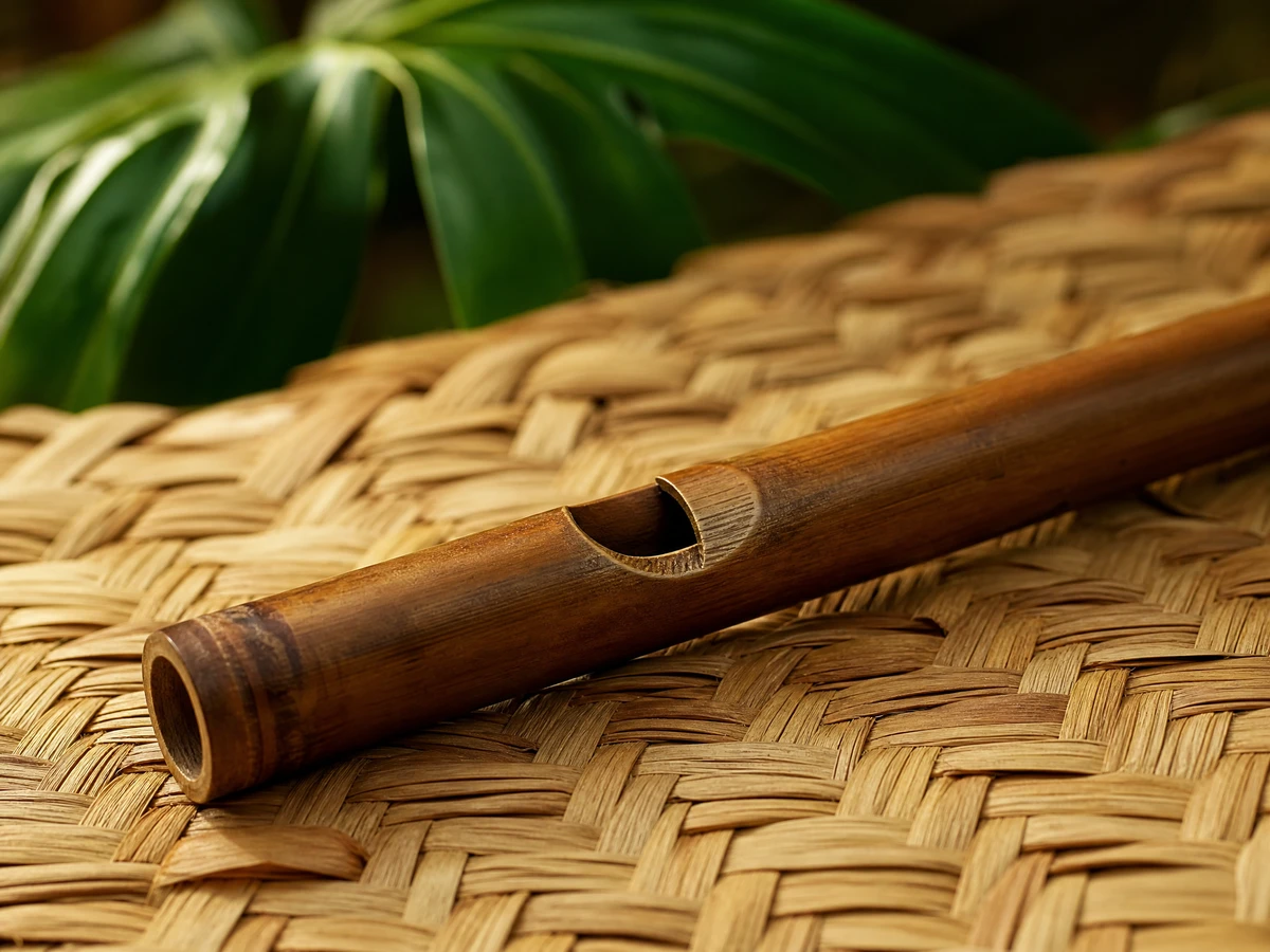 Close-up of a Hawaiian nose flute, bamboo texture, warm natural light