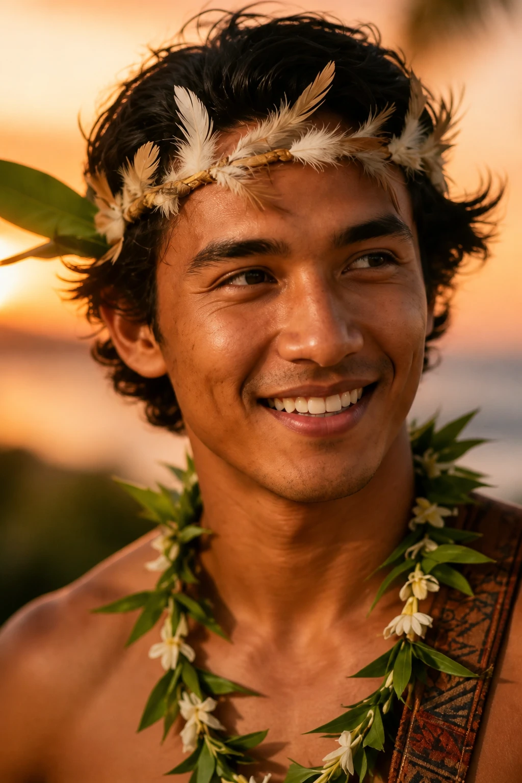 Close portrait of Makani with feather head lei and maile lei.