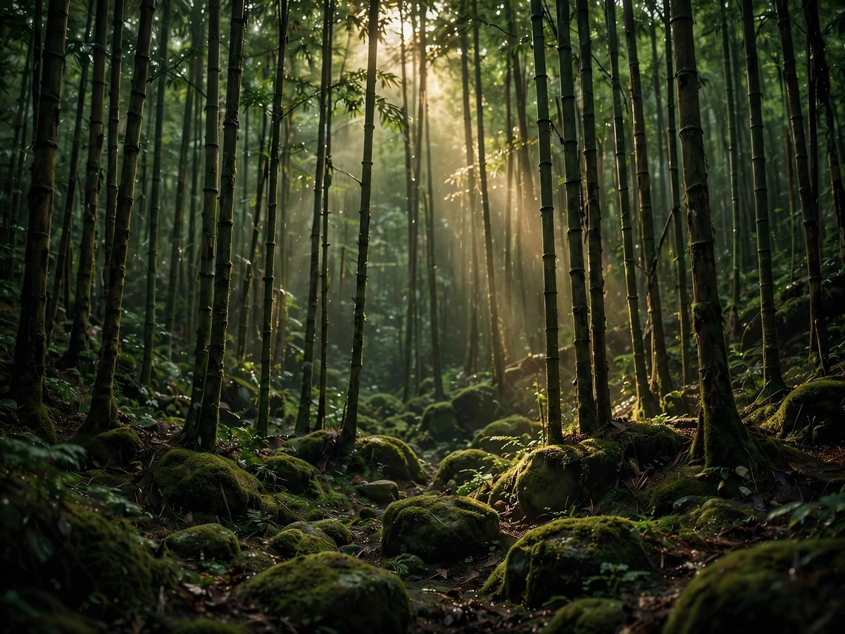Dense old-growth bamboo forest, deep green shadows, shafts of light filtering through, ancient and still