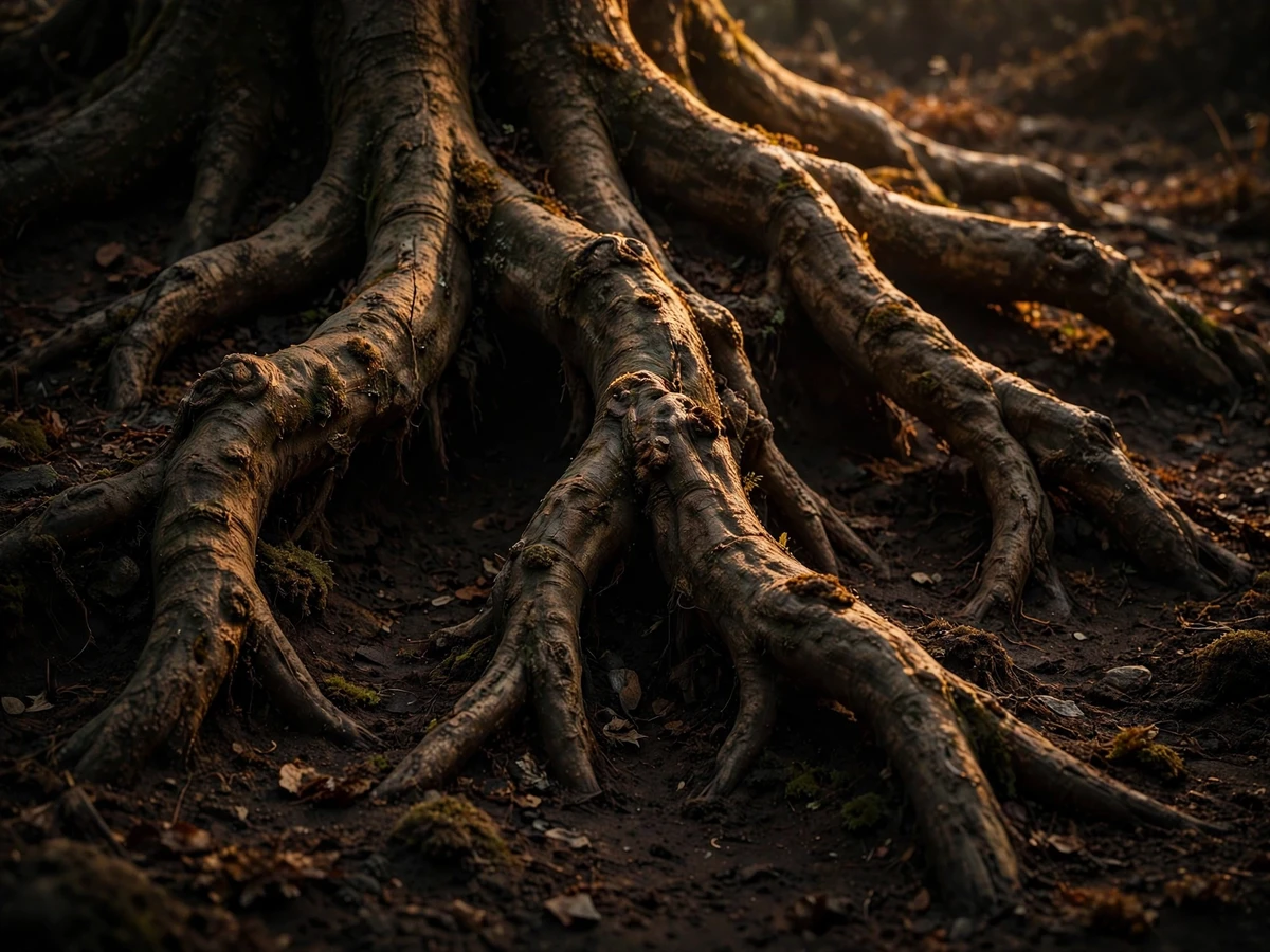 Massive tree roots spreading over dark soil, deep shadows and warm rim light, grounded and ancient
