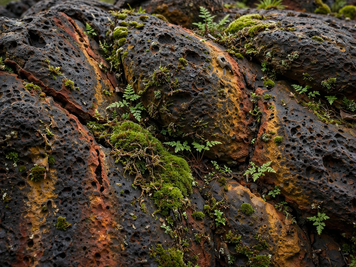 Weathered volcanic stone with moss and fern growing in crevices, warm earth tones, texture detail