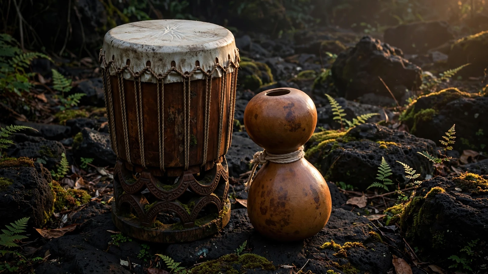 Traditional Hawaiian pahu drum and ipu heke on volcanic stone ground, moss and ferns around them, low-key lighting