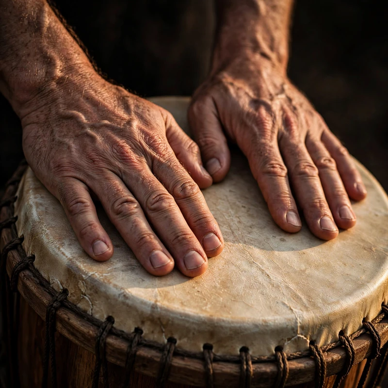 Extreme close-up of male hands pressing against a pahu drumhead, veins visible, warm earth tones