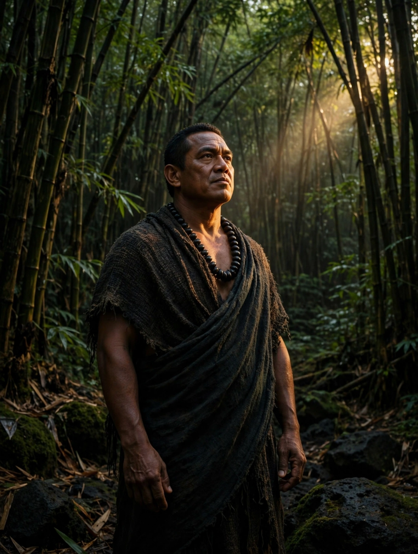 Makua Nui standing in a dense bamboo forest, volcanic rock at his feet, deep shadows, single shaft of light illuminating his calm face