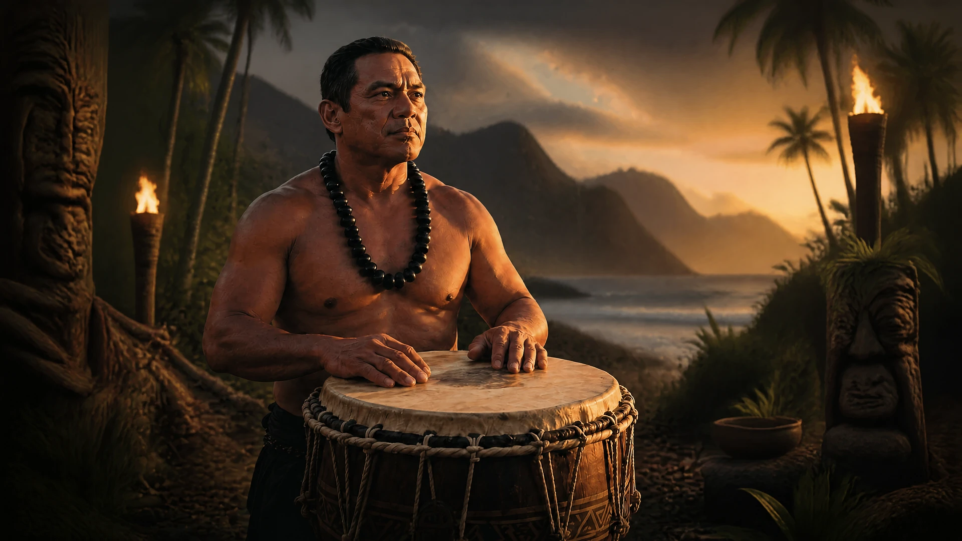 Makua Nui in grounded performance poses with drum and implements.