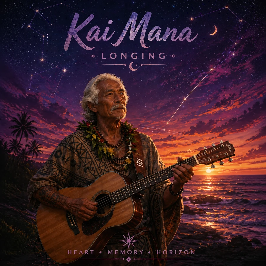 Longing album cover for Kai Mana's reflective Hawaiian fusion collection about reconciliation and gratitude