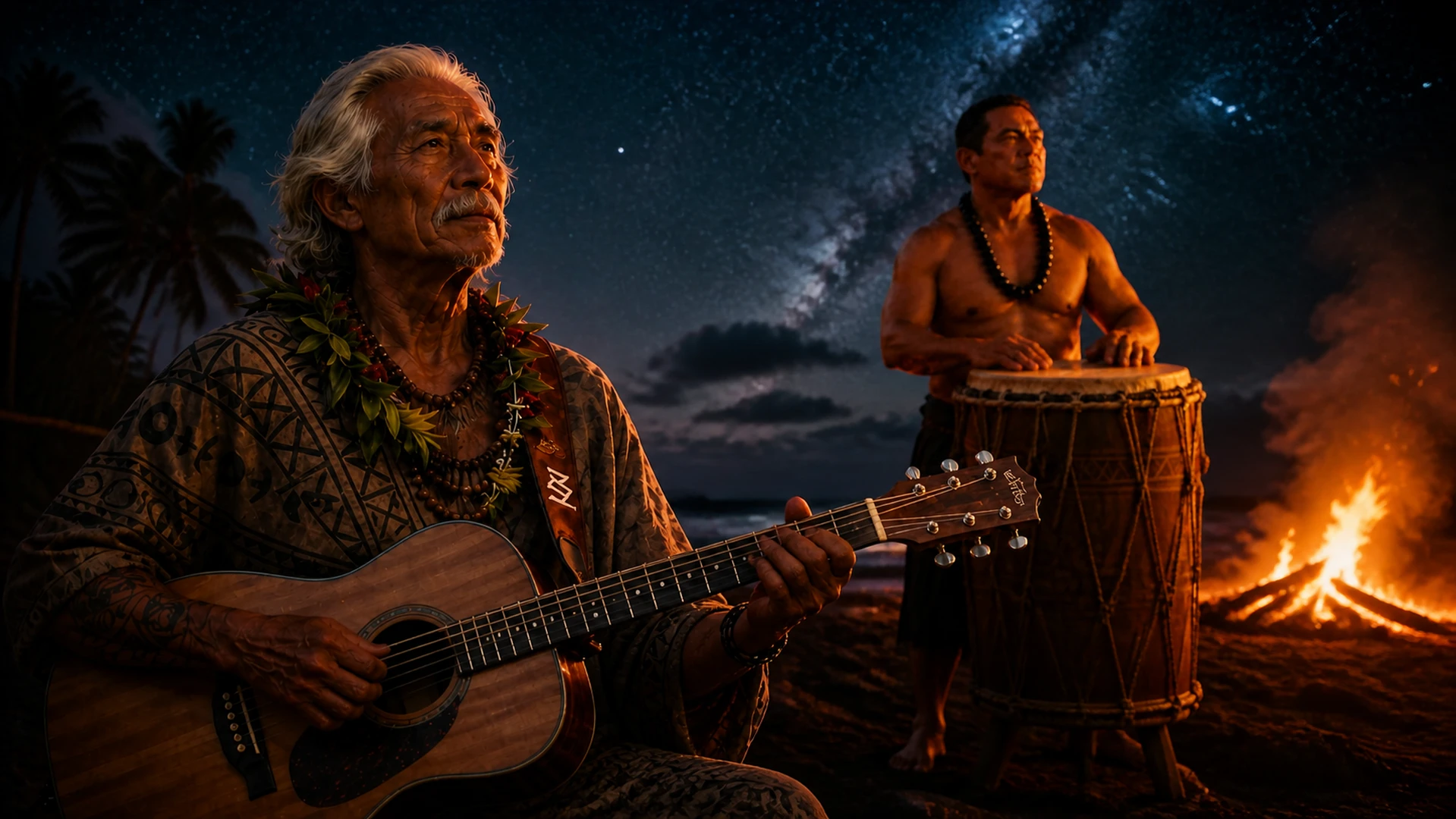 ʻAukai at twilight on a rocky shoreline, looking toward the horizon where stars are beginning to appear