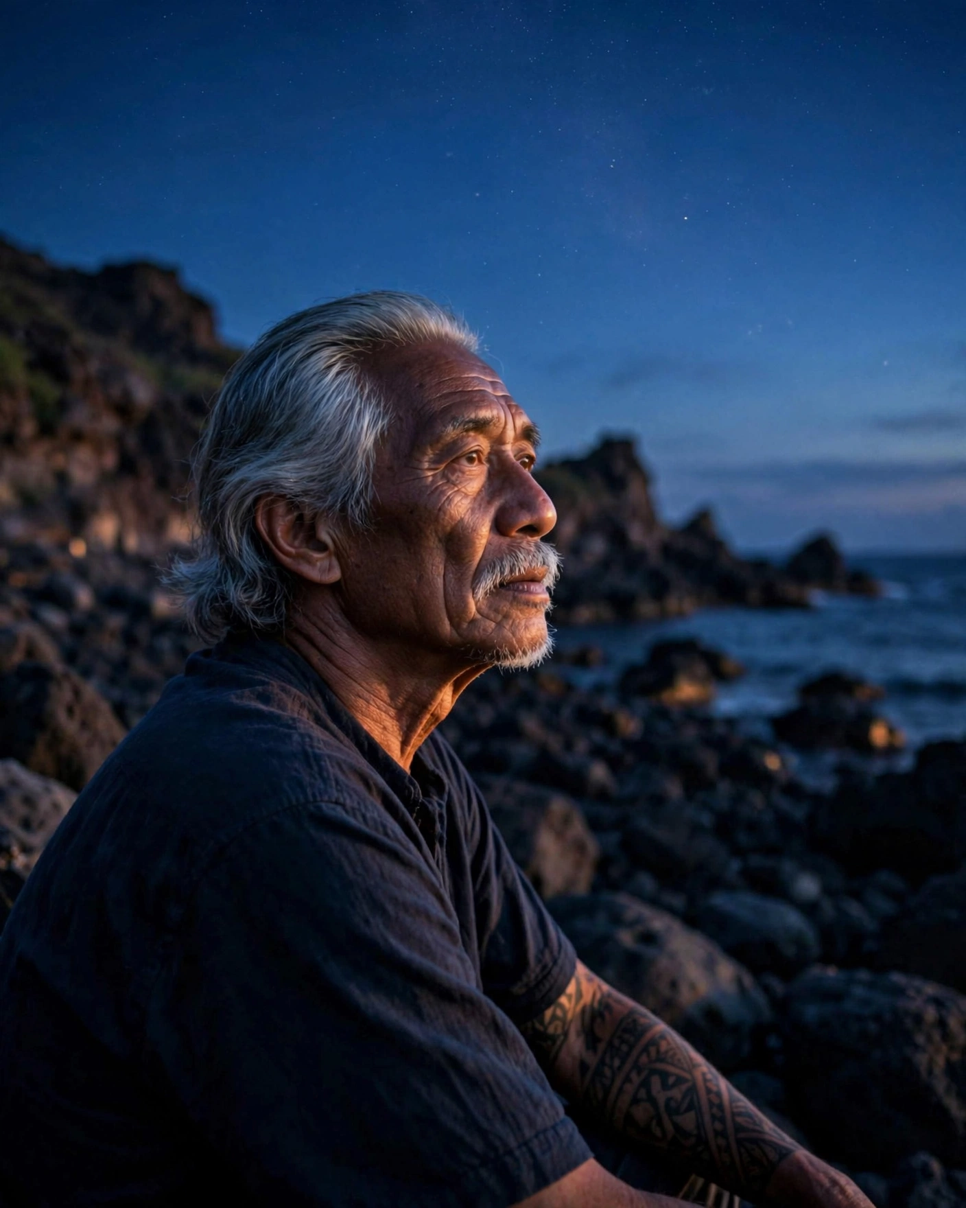 ʻAukai at twilight on a rocky shoreline, looking toward the horizon where stars are just beginning to appear, wise and visionary expression