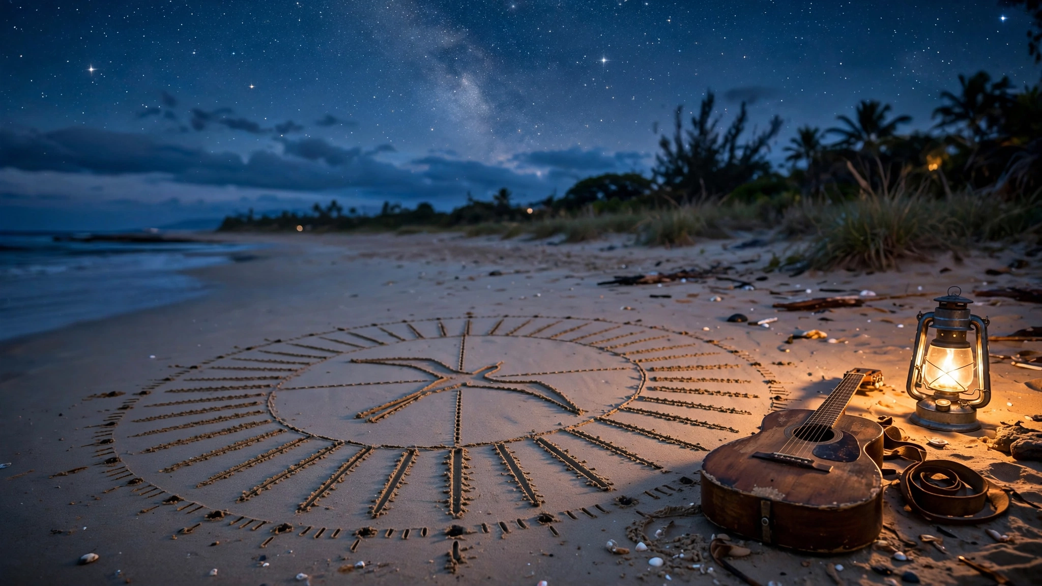 Hawaiian star compass drawn in sand on a beach at dusk, stars visible above matching the pattern below, a rhythm guitar resting beside it