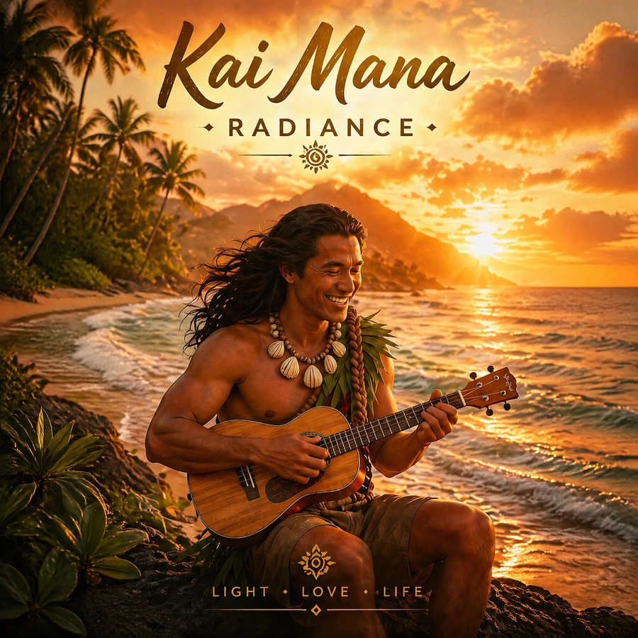 Kai Mana playing a small ukulele on a tropical beach at sunset, bathed in glowing golden light with ocean waves behind him, Radiance album cover.