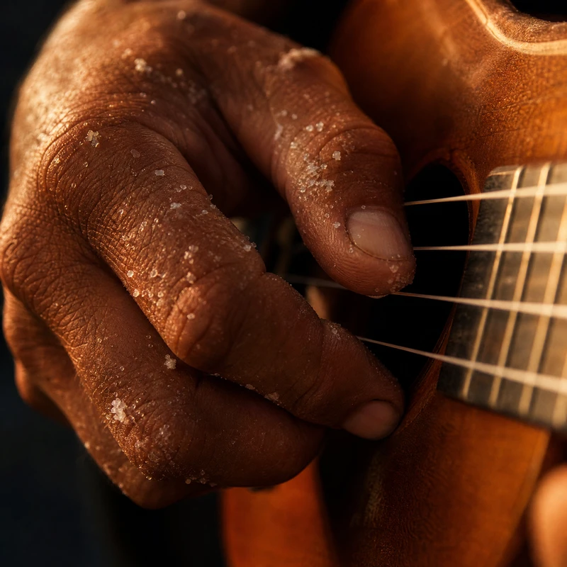 Weathered male hands strumming ukulele strings, salt crystals visible on knuckles