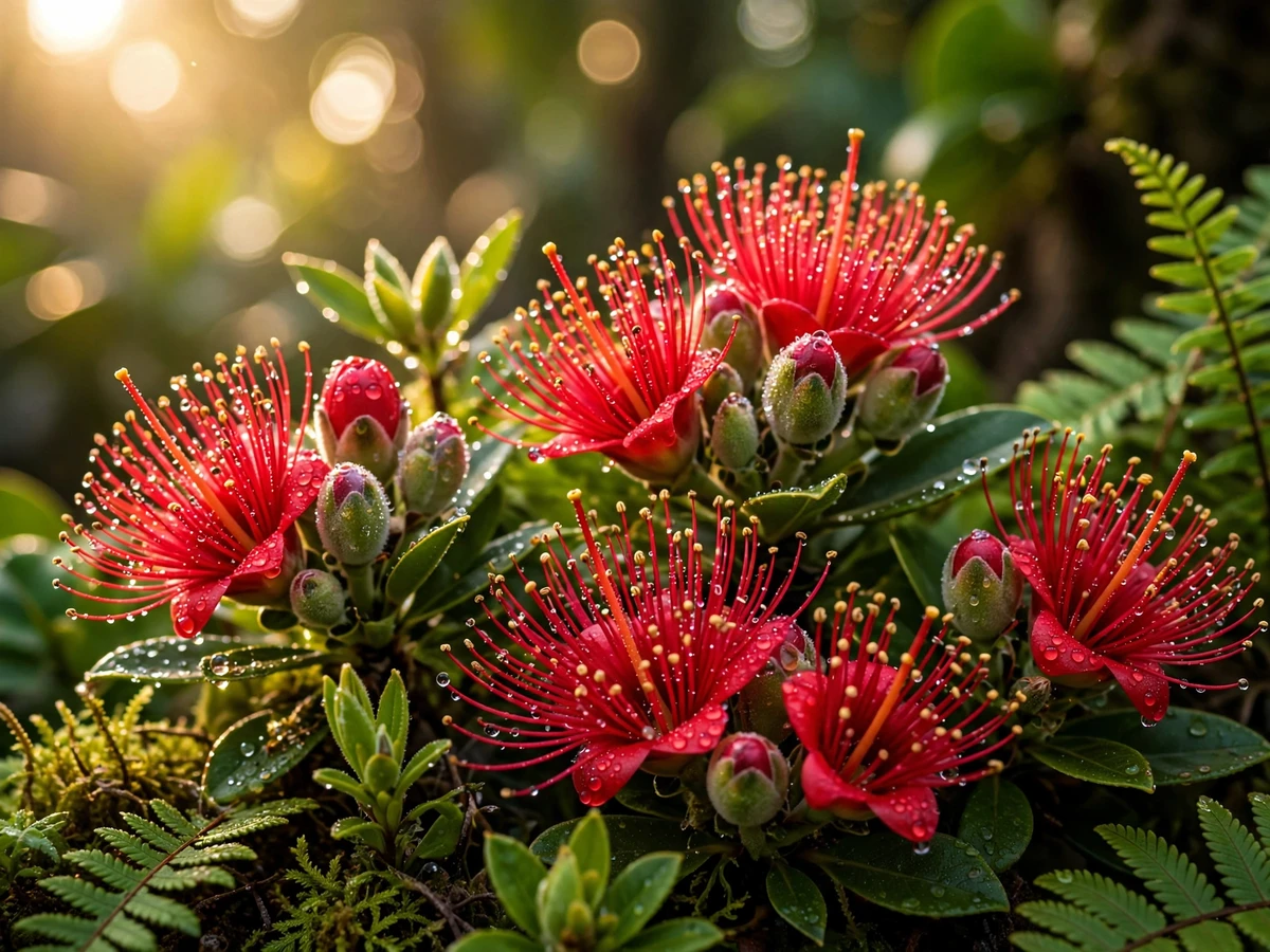 Vibrant red ʻōhiʻa lehua blossoms against deep green foliage, soft morning dew