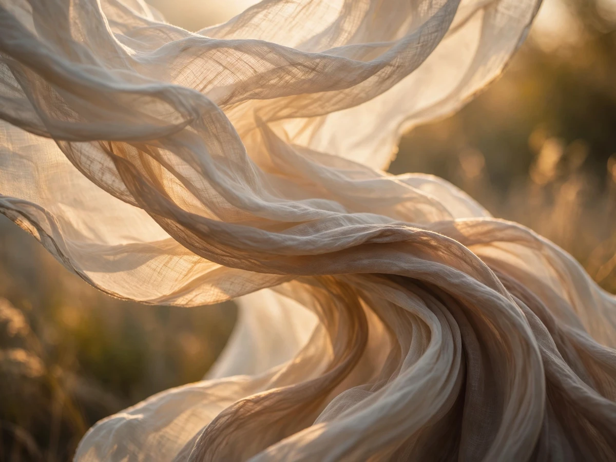 Flowing natural fabric caught in a gentle breeze, golden afternoon light, soft motion