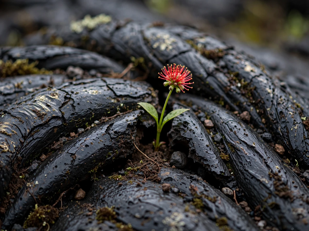Fresh black lava stone with a single green shoot and tiny red lehua blossom emerging