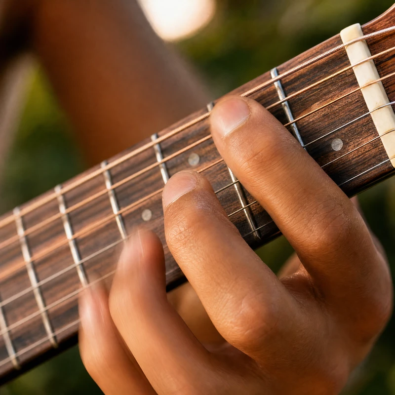 Fingers dancing quickly across guitar frets, motion blur on the hand, sharp focus on the strings