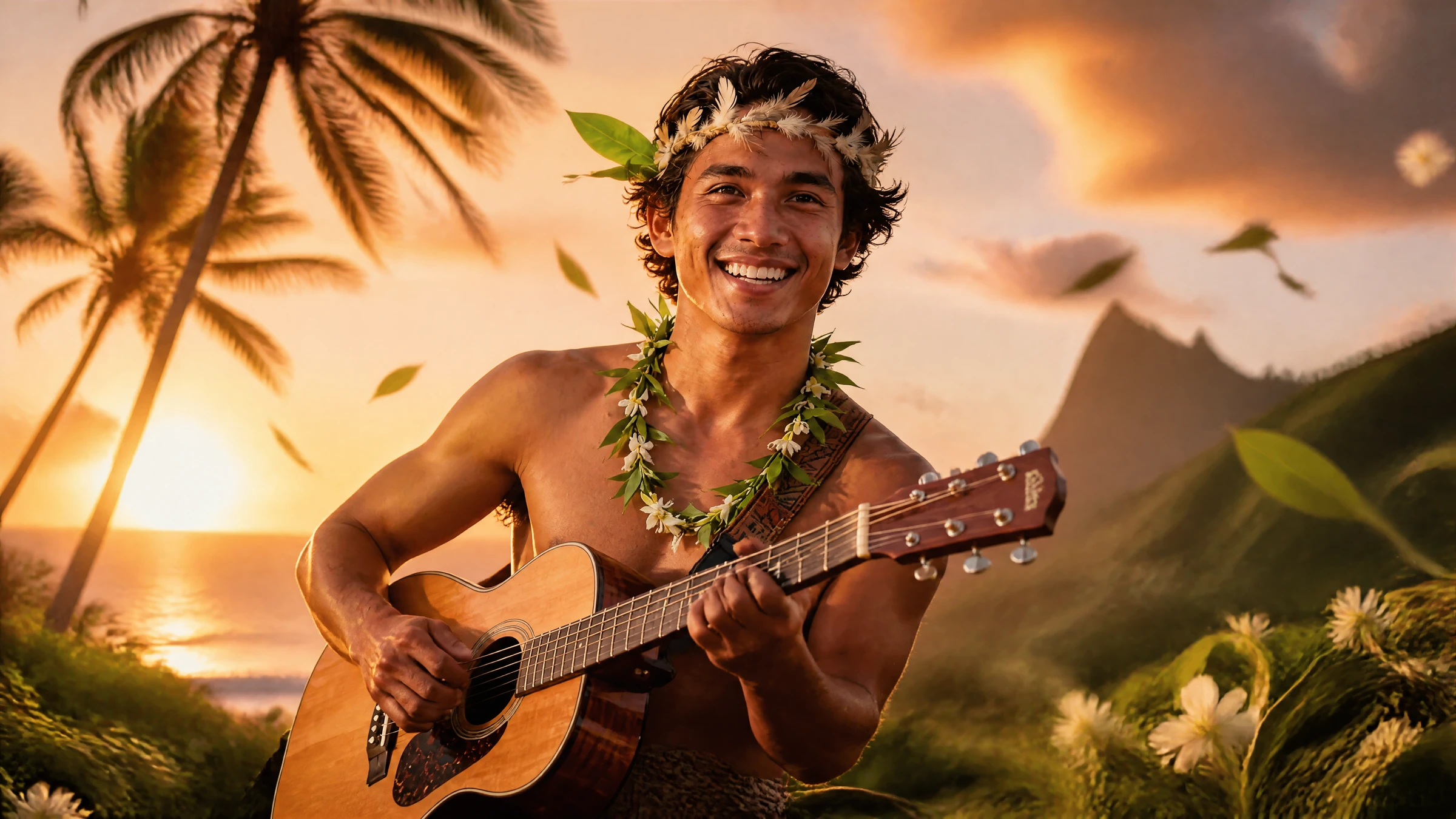 Makani on a cliffside overlooking the ocean, trade winds in his hair, laughing with joy