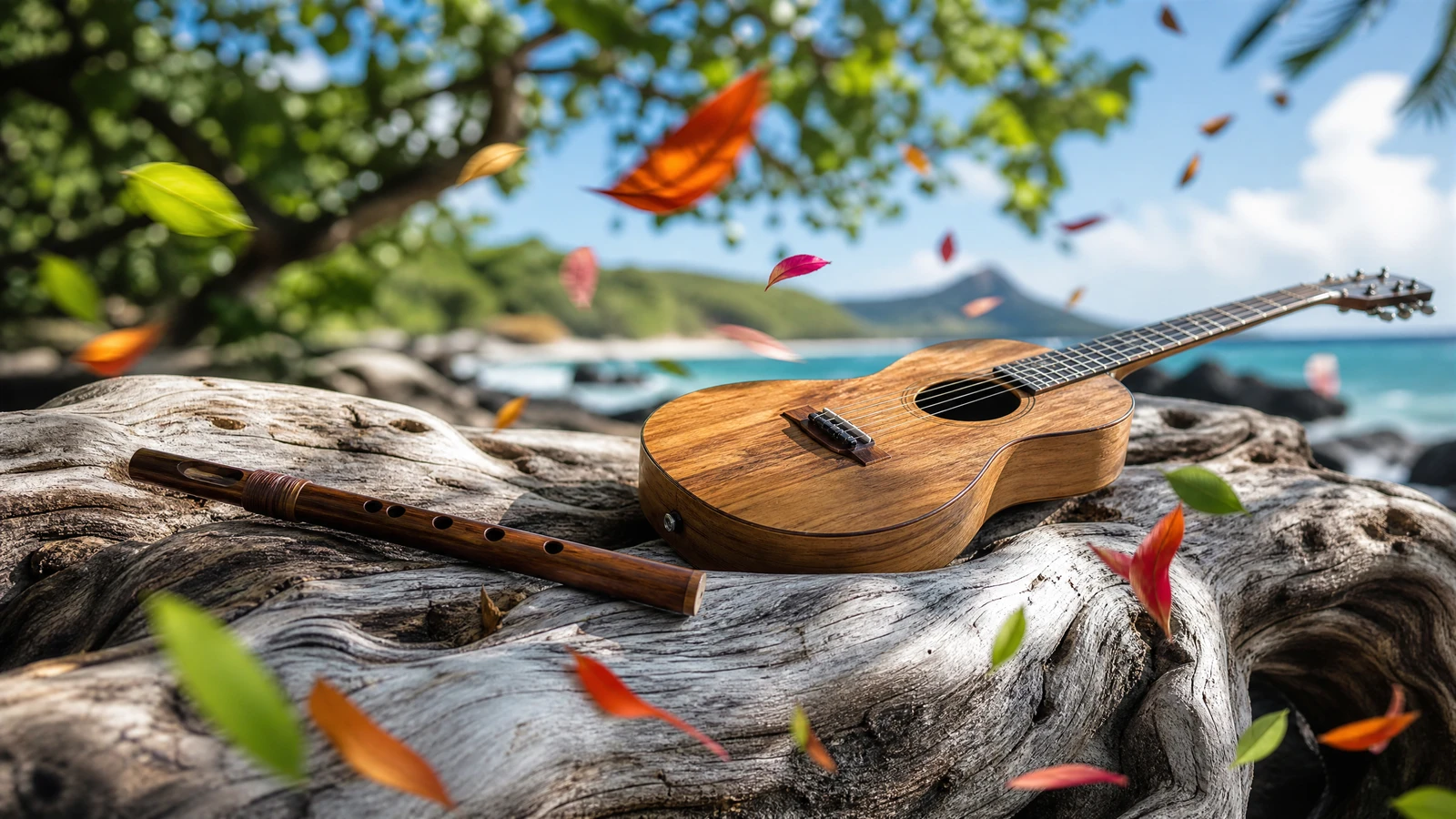 Hawaiian nose flute and guitar resting on weathered wood with ironwood leaves scattering past in motion blur