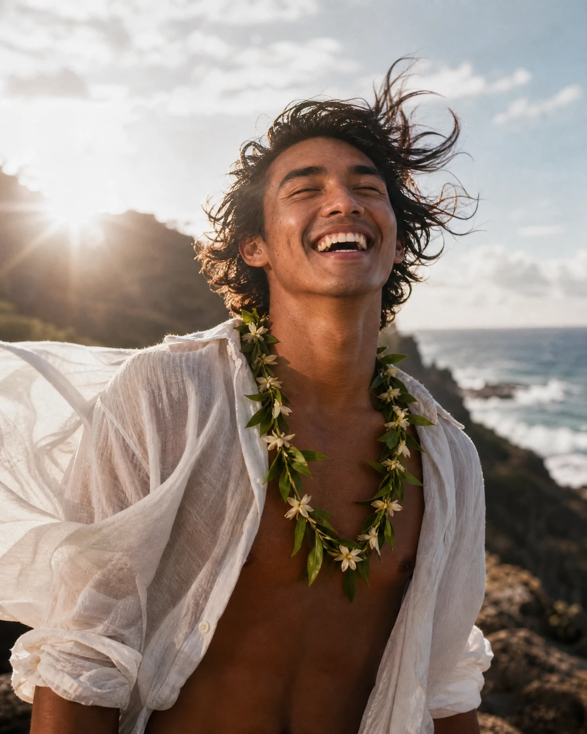 Makani on a cliffside overlooking the ocean, trade winds blowing his hair and loose shirt, laughing with eyes closed