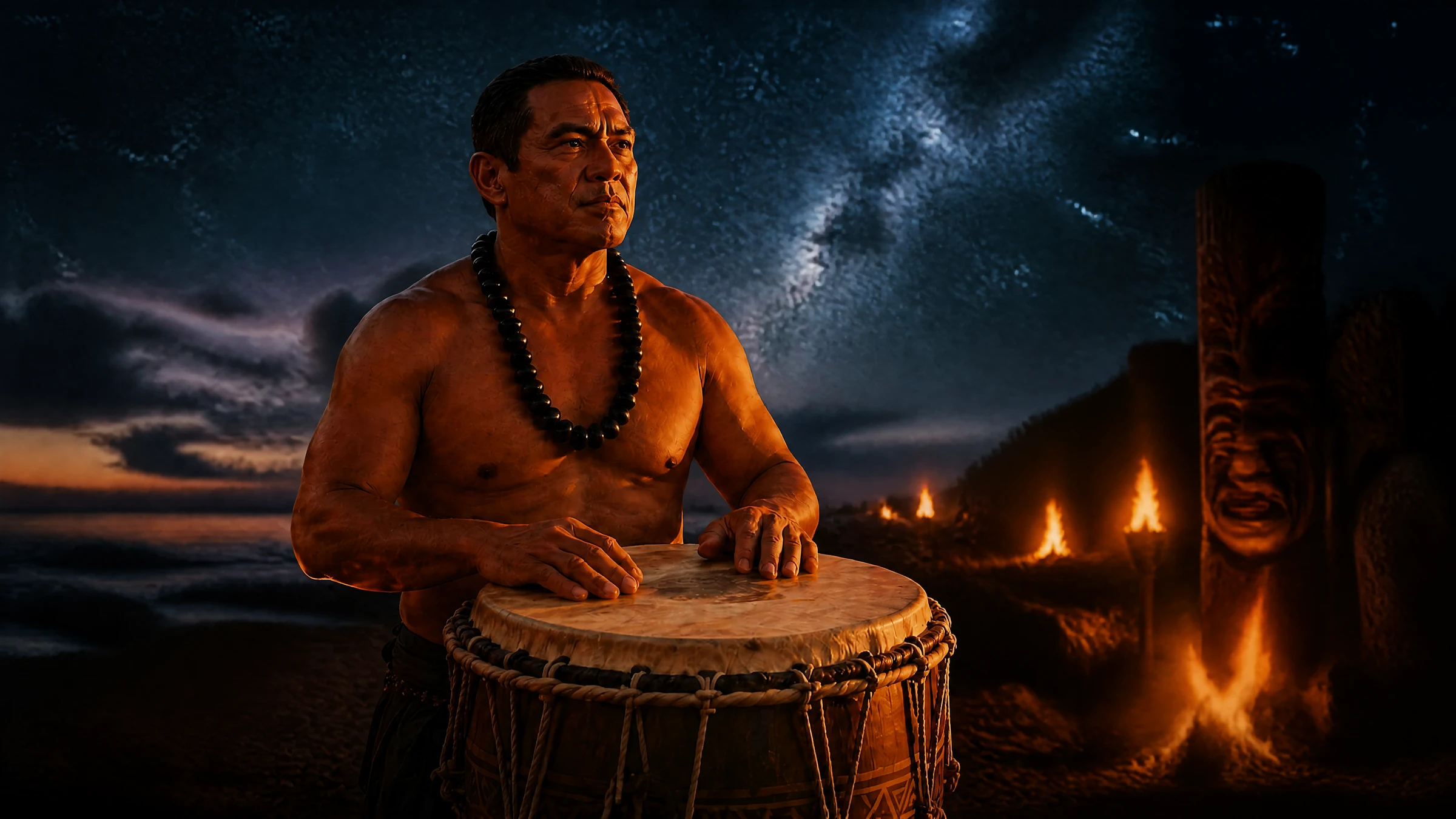 Makua Nui standing in a dense bamboo forest, volcanic rock at his feet, deep shadows and patient strength