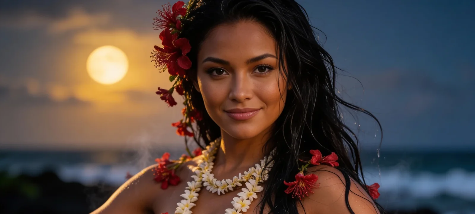 Close-up portrait of Lehua wearing a white flower lei and red hibiscus tucked into her dark, damp hair, framed against a full moon setting over ocean waves at dusk