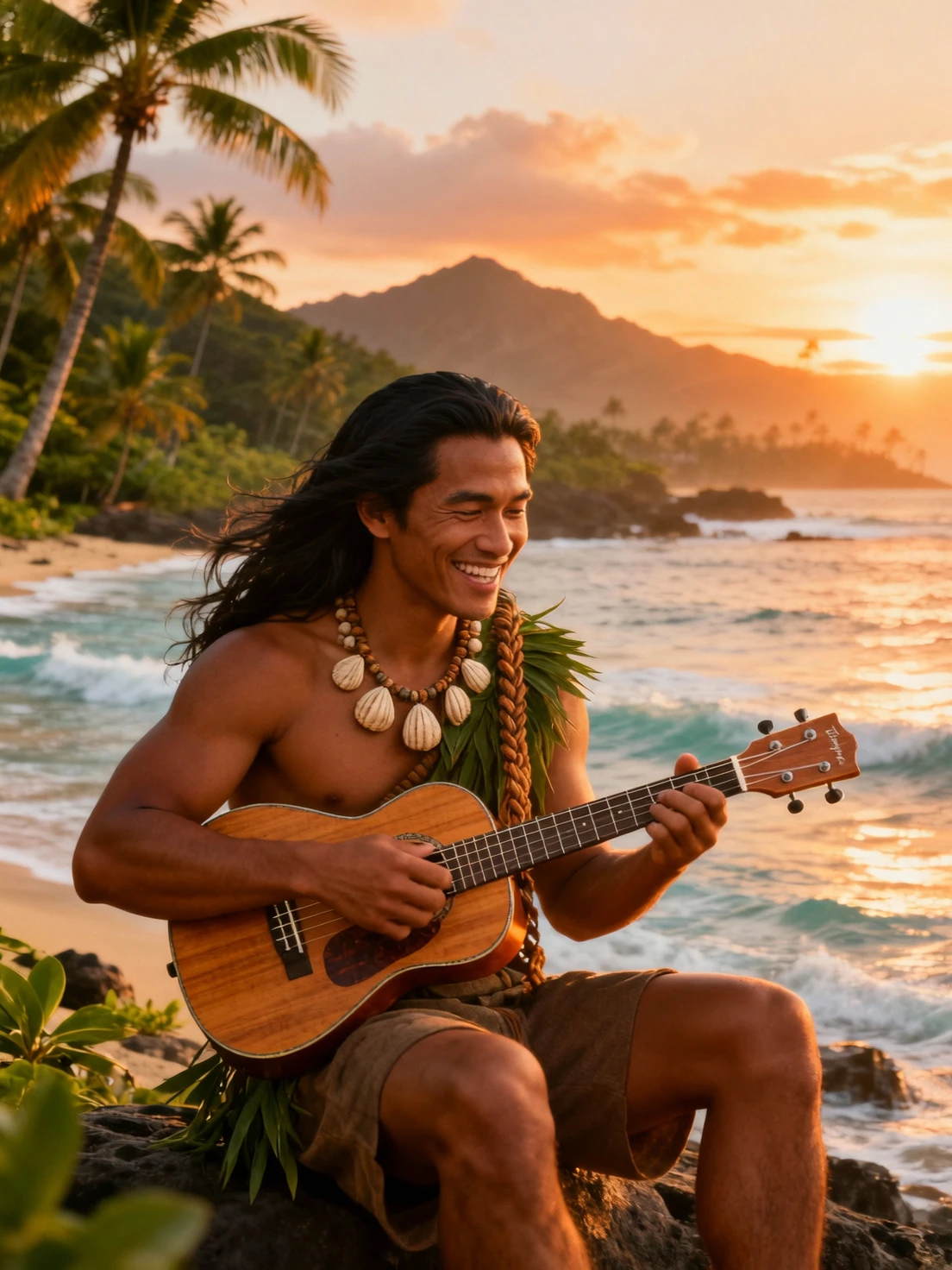 Kaimana playing the ʻukulele on a tropical shoreline at sunset with palm trees and ocean waves in the background, Kai Mana lead vocalist.