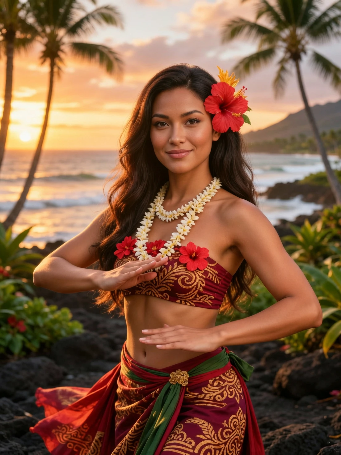 Portrait of Lehua wearing a white flower lei and red hibiscus flower in her hair against a sunset beach backdrop, Kai Mana harmony vocalist and hula dancer