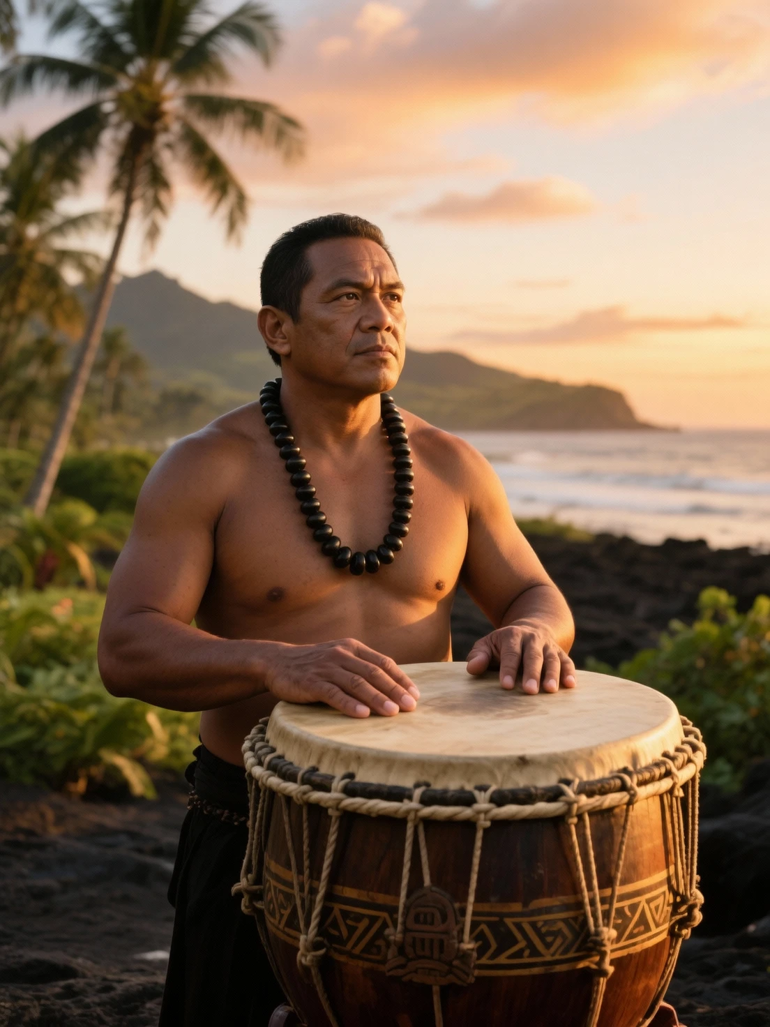 Portrait of Makua Nui sitting on a beach at sunset with a traditional Hawaiian pahu drum, Kai Mana earth rhythm anchor.