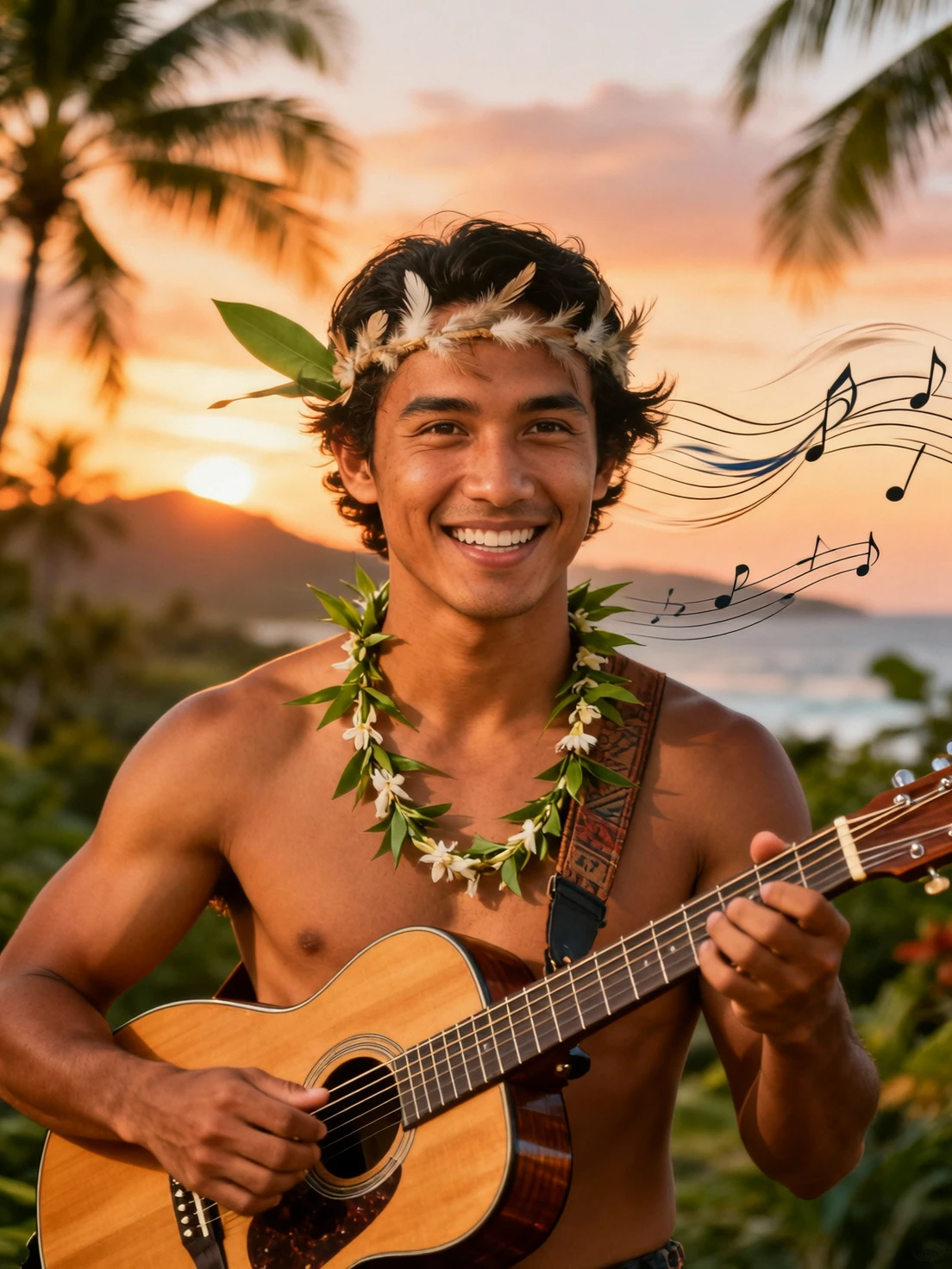 Makani playing an acoustic guitar on a sunny tropical beach surrounded by palm trees and coastal light, Kai Mana guitarist.