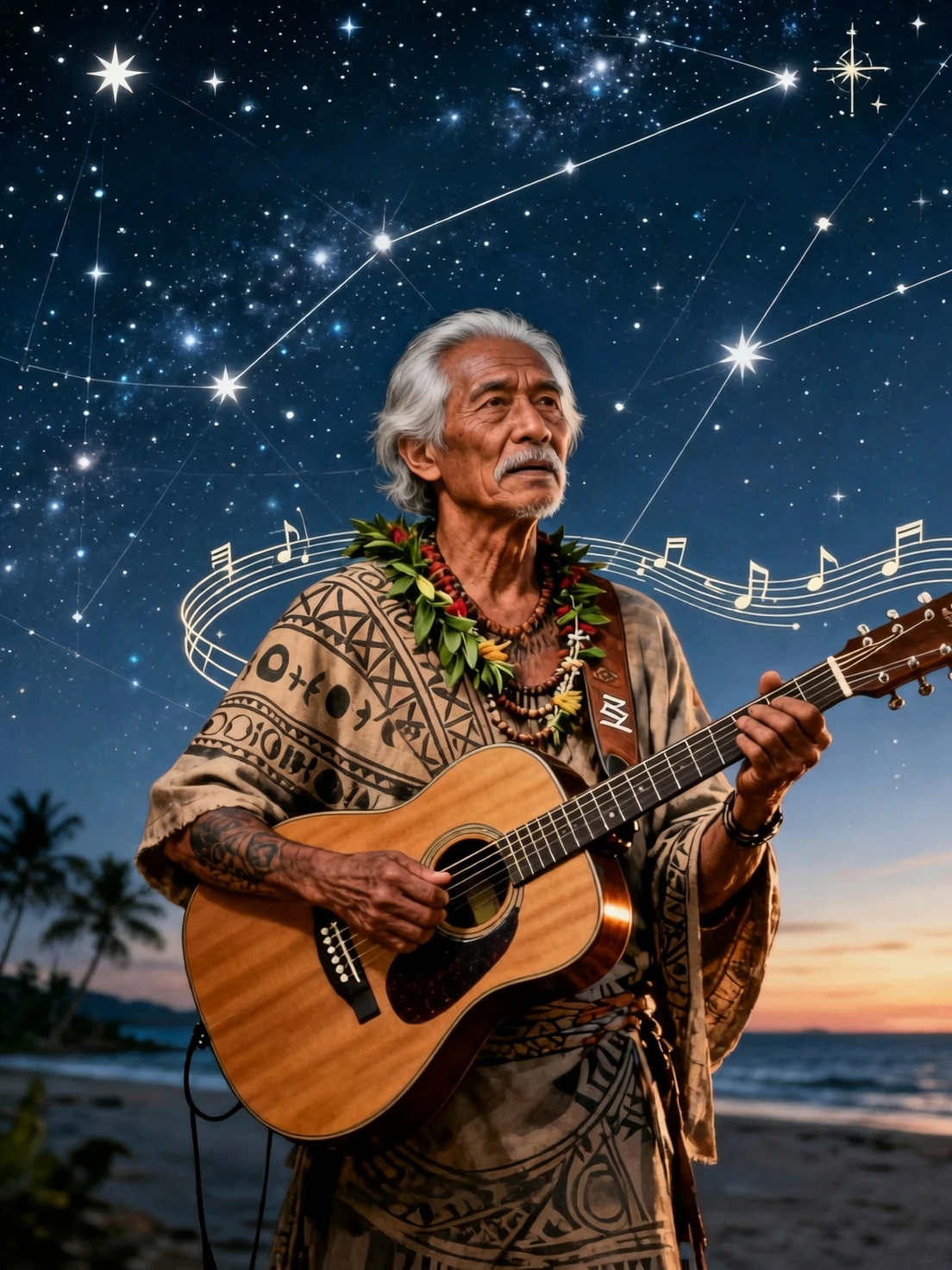 ʻAukai sitting on coastal rocks with an acoustic guitar against a dusk sky and ocean background, Kai Mana rhythm guitarist and storyteller.