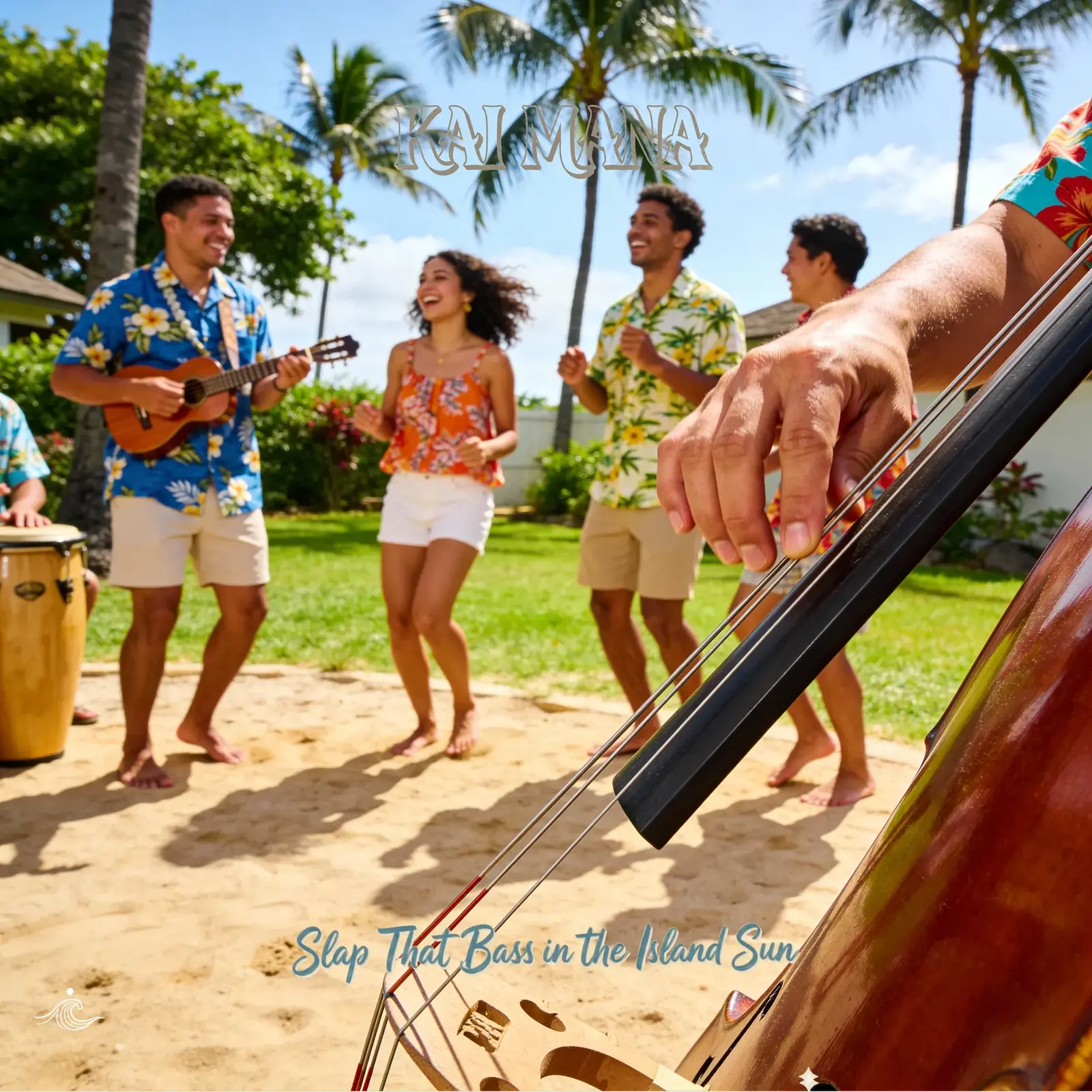 Slap That Bass in the Island Sun artwork by Kai Mana, reflecting energetic, percussive  Maui music themes