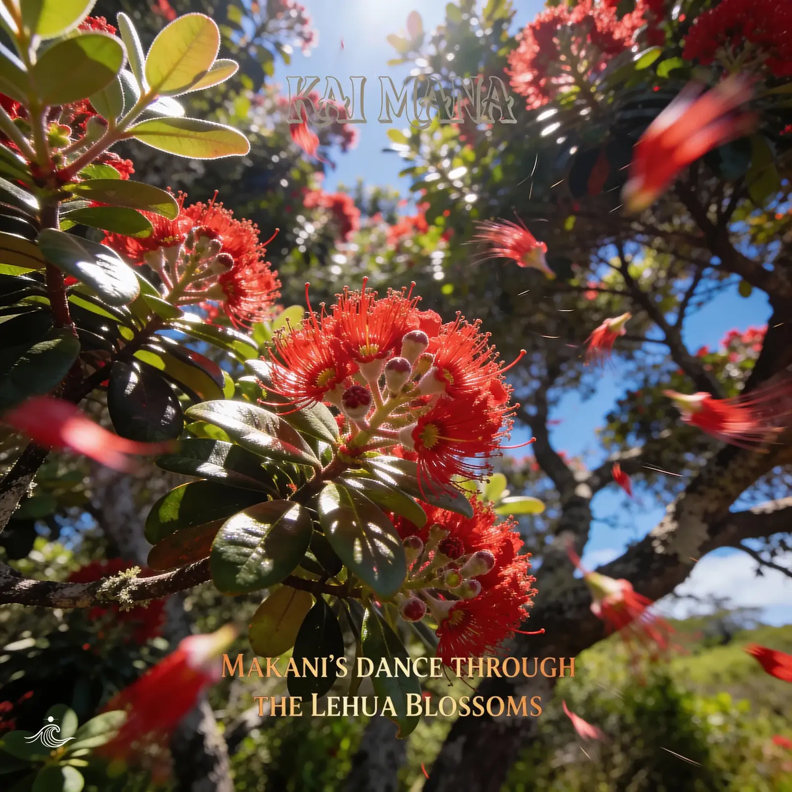 Makani's Dance Through the Lehua Blossoms artwork by Kai Mana, reflecting playful, whimsical  Maui music themes